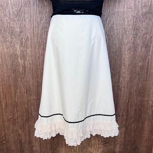 J. Crew Cream A-Line Midi Skirt with Black Piping and Eyelet Lace Ruffle